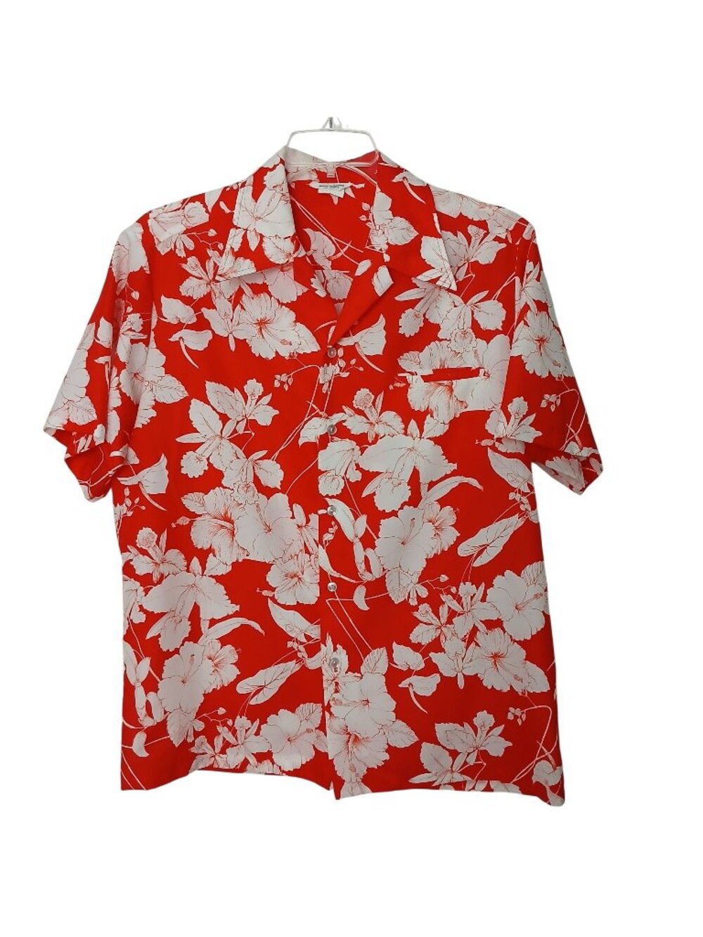 Red White Hawaiian Floral Button Shirt Made Hawaii Mens Sz L VTG Polyester #I-9
